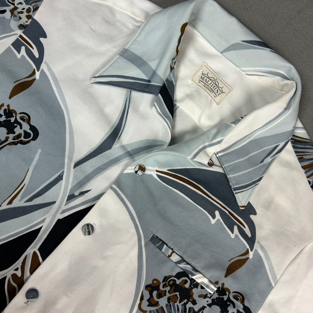 Malihini Hawaii Aloha Shirt Vintage Botanical Mens XL Blue White Loop Collar